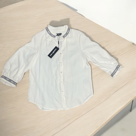 Karl Lagerfeld White Button-Up Blouse with Black Trim - Picture 2 of 3